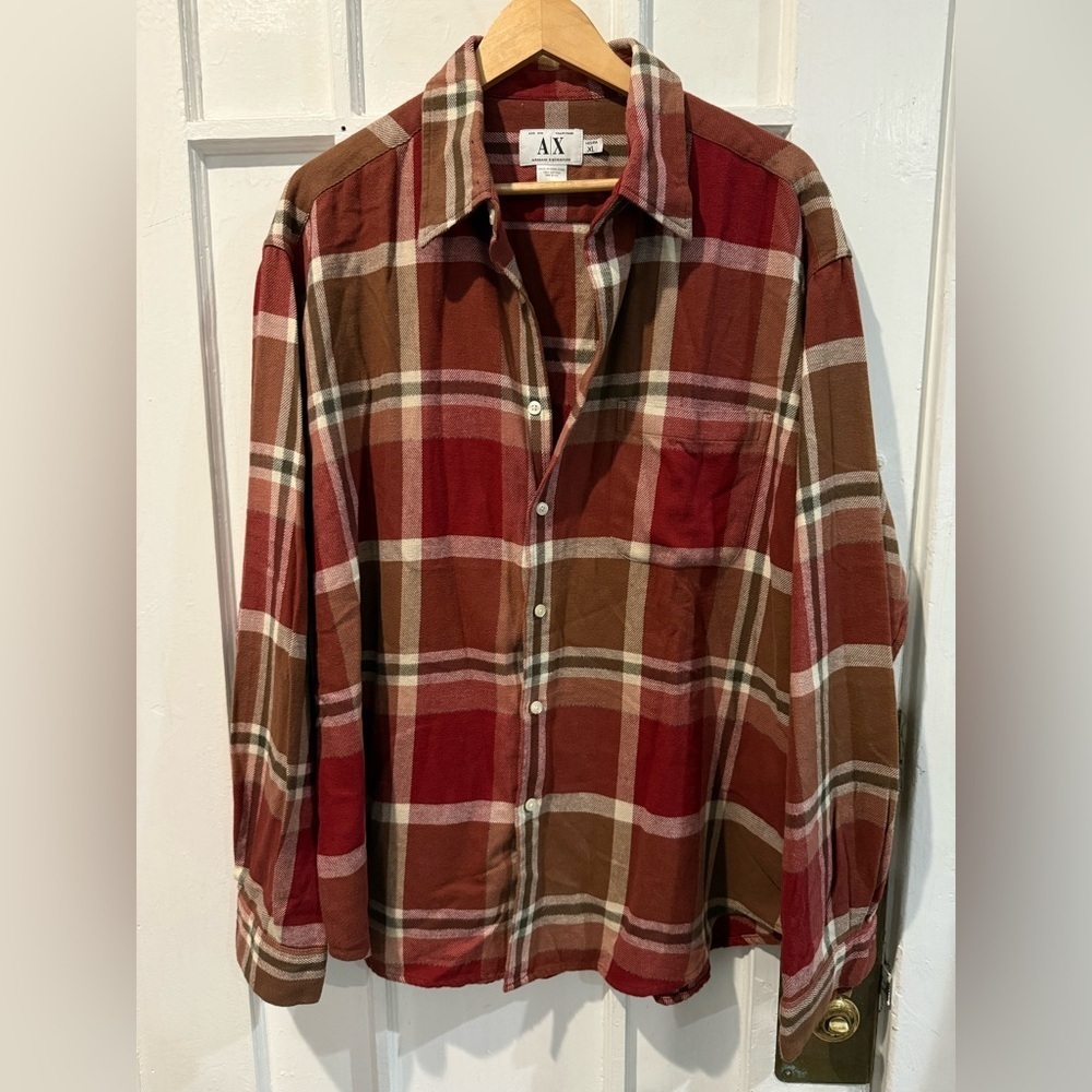 Armani Exchange Red and Brown Plaid Shirt